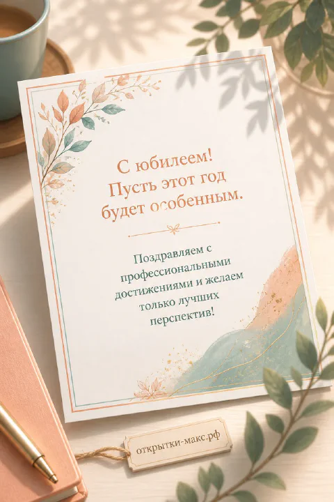 Акварельная открытка с юбилеем лежит среди книги, ежедневника и комнатных растений