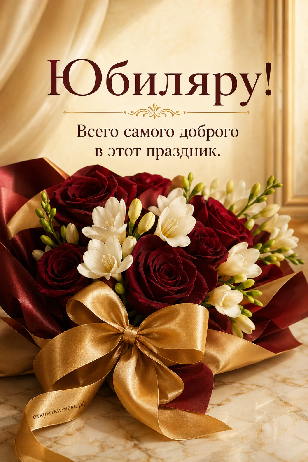 Пышный букет тёмно-бордовых роз и белых фрезий, перевязанный широким золотым атласным бантом на мраморной поверхности