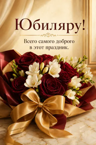 Пышный букет тёмно-бордовых роз и белых фрезий, перевязанный широким золотым атласным бантом на мраморной поверхности