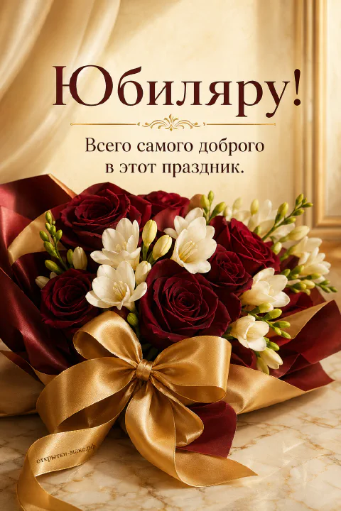 Пышный букет тёмно-бордовых роз и белых фрезий, перевязанный широким золотым атласным бантом на мраморной поверхности