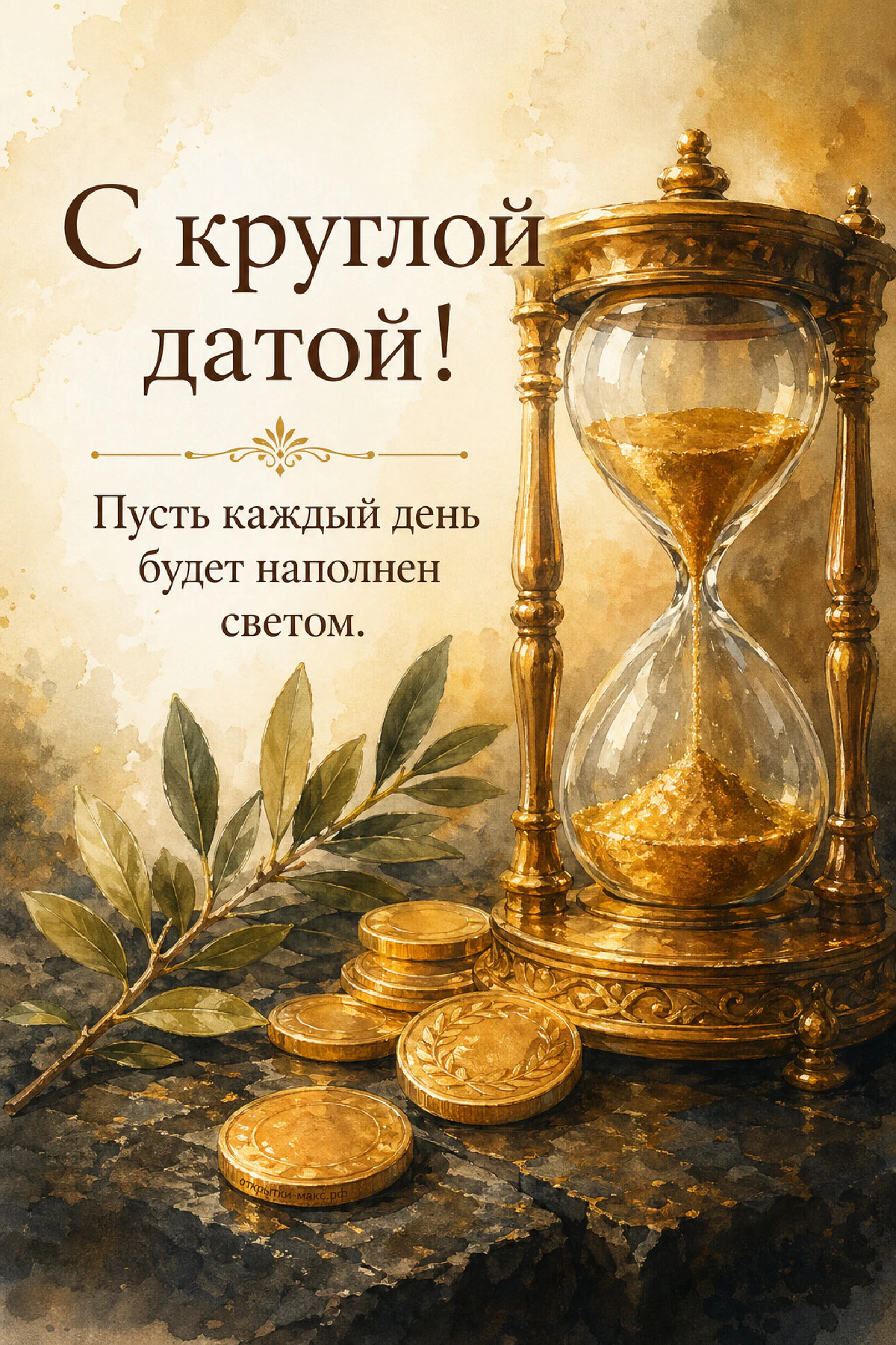Акварельные золотые песочные часы с золотым песком, золотые монеты с лавровым орнаментом и зелёная лавровая ветка