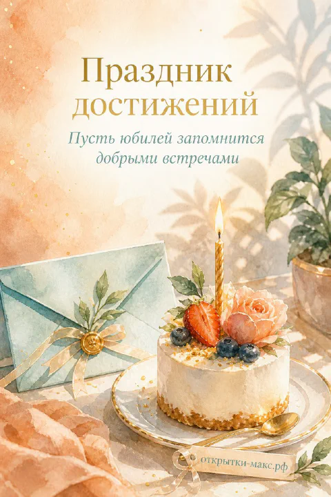 Акварельная открытка юбилей с тортом, украшенным розой и клубникой, и голубым конвертом