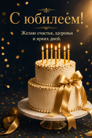 Двухъярусный кремово-золотой торт с горящими золотыми свечами, жемчужным декором и большим золотым бантом на мраморной подставке