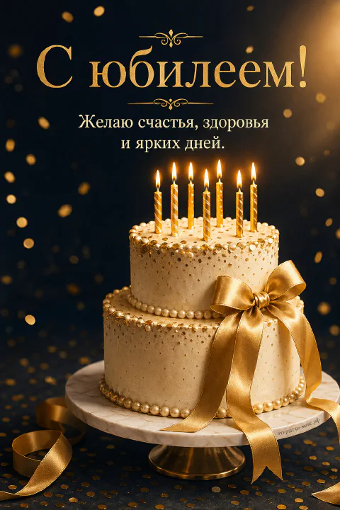 Двухъярусный кремово-золотой торт с горящими золотыми свечами, жемчужным декором и большим золотым бантом на мраморной подставке