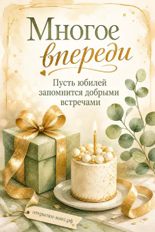 Акварельная юбилейная открытка с тортом, свечой и подарочной коробкой на светлом фоне