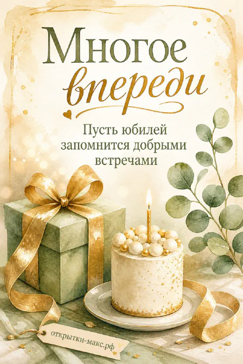Акварельная юбилейная открытка с тортом, свечой и подарочной коробкой на светлом фоне