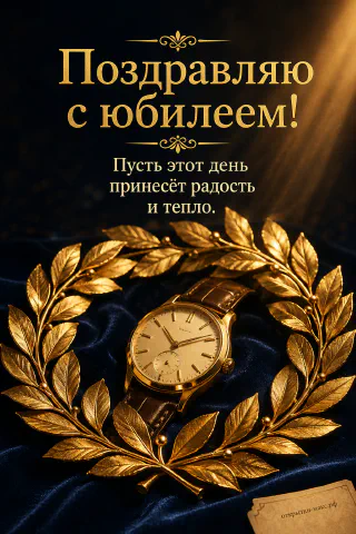 Золотые наручные часы с коричневым кожаным ремешком лежат в круглом золотом лавровом венке на тёмно-синем бархате