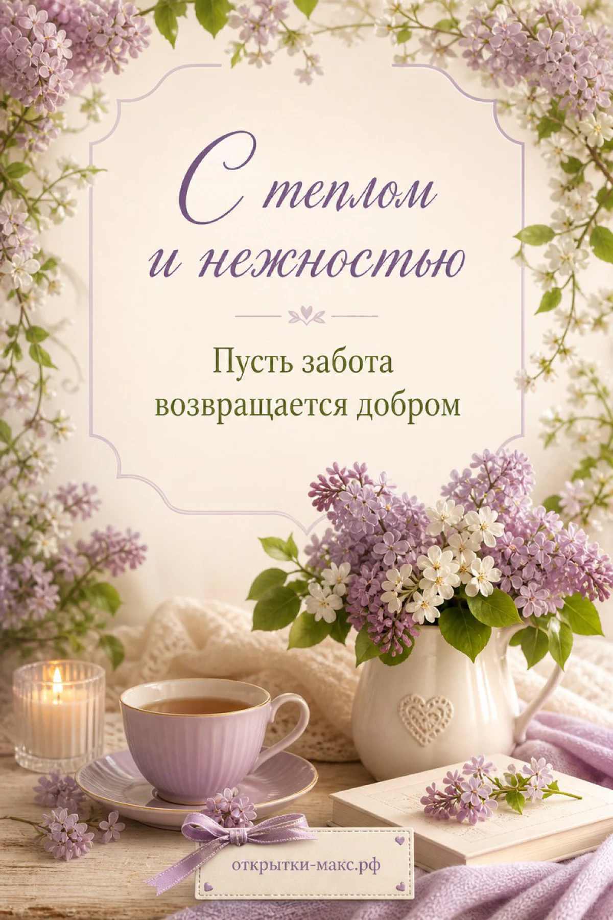 Сирень в белой вазе, фарфоровая чашка с чаем на фоне цветущей сирени