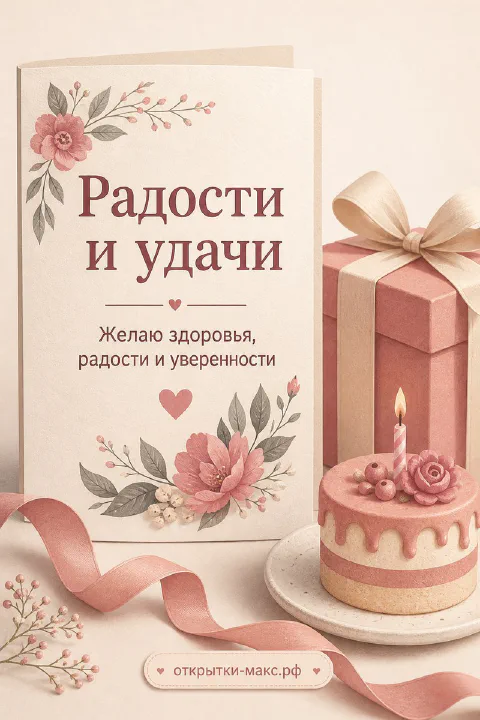 Поздравительная карточка с цветами, розовый торт и подарок с кремовым бантом