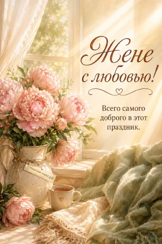 Акварельные розовые пионы в белой глиняной вазе, чашка чая и зелёный плед у светлого окна