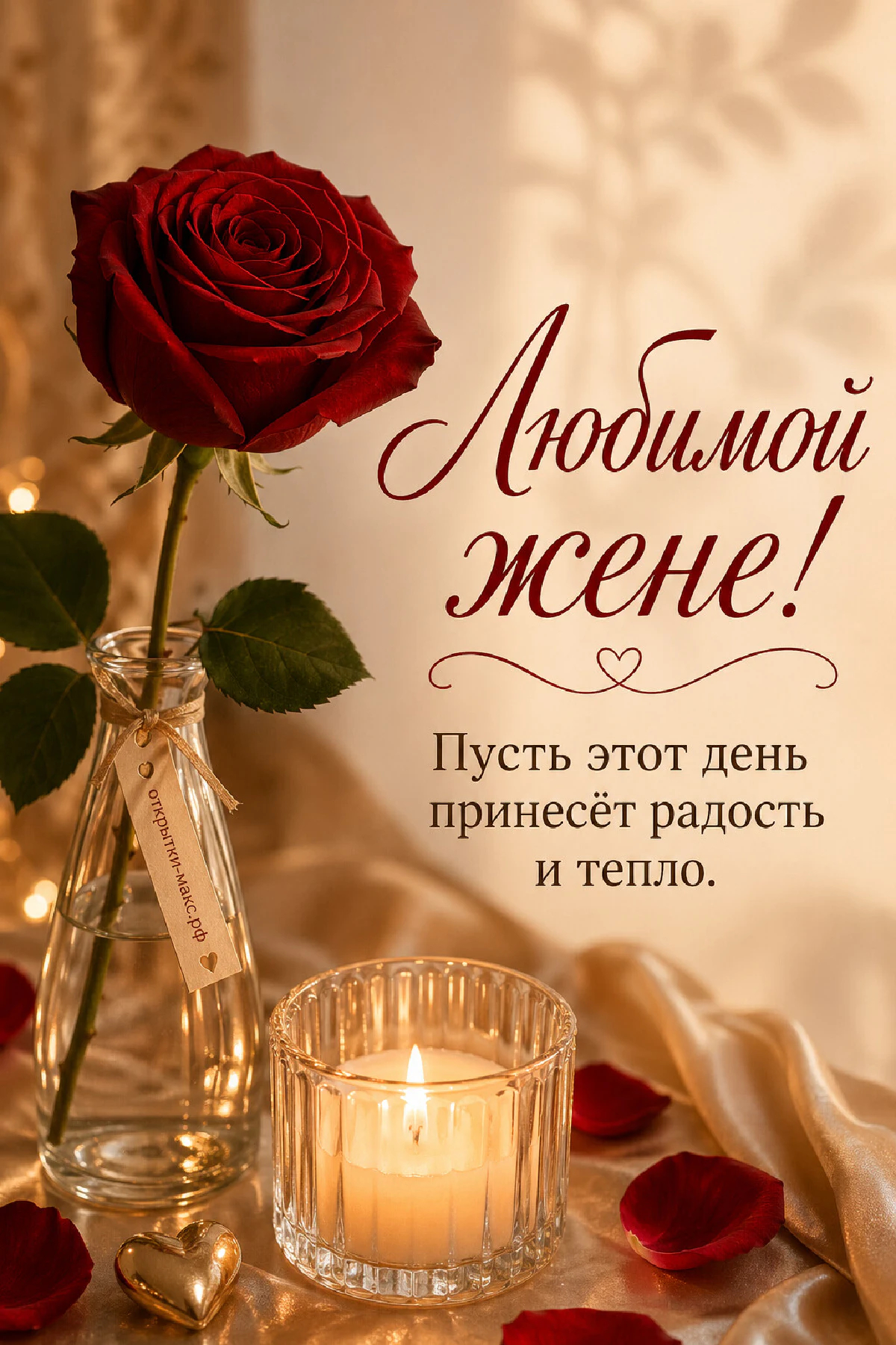 Алая роза в стеклянной вазе, горящая свеча в стакане и маленькое золотое сердечко на лепестках роз
