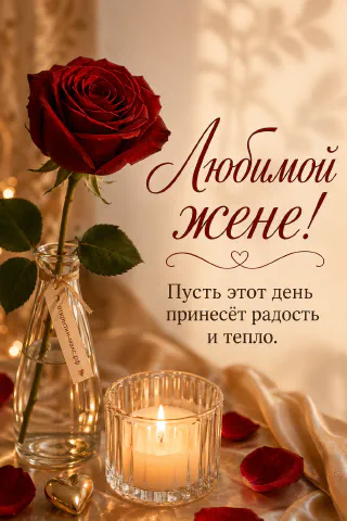 Алая роза в стеклянной вазе, горящая свеча в стакане и маленькое золотое сердечко на лепестках роз