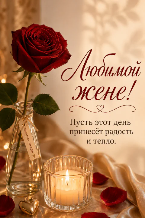 Алая роза в стеклянной вазе, горящая свеча в стакане и маленькое золотое сердечко на лепестках роз