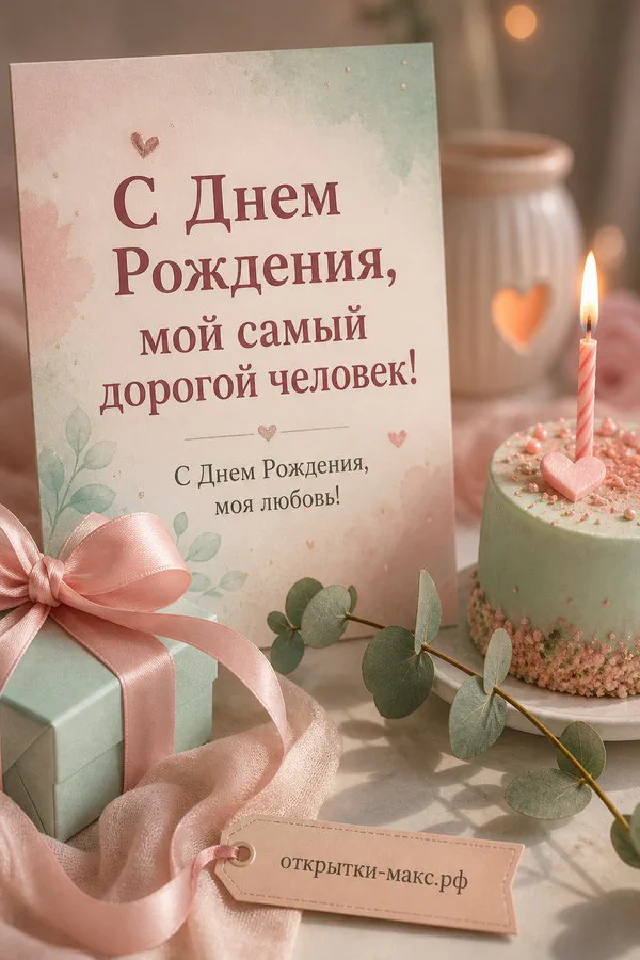 Торт с сиренью и подарок в фиолетовой обёртке рядом с конвертом на светлом фоне — вариант 2