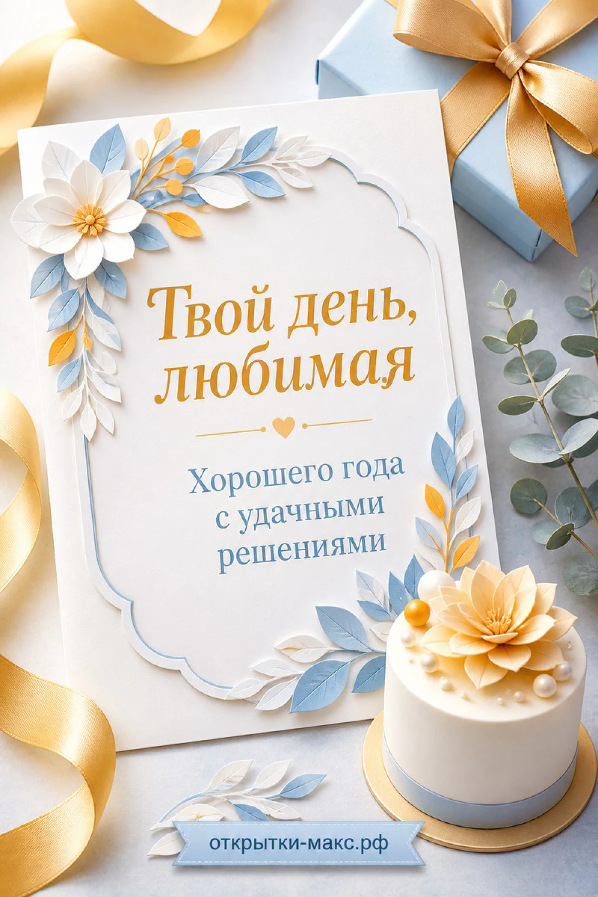 Белая карточка с цветами и торт с золотым декором рядом с подарком в белой упаковке