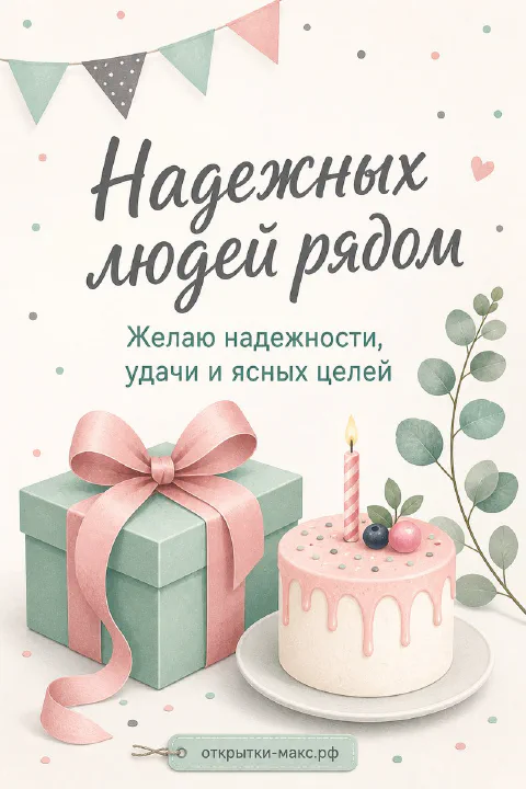 Открытка с днём рождения женщине: зелёная подарочная коробка с розовой лентой, торт с ягодами и ветки эвкалипта