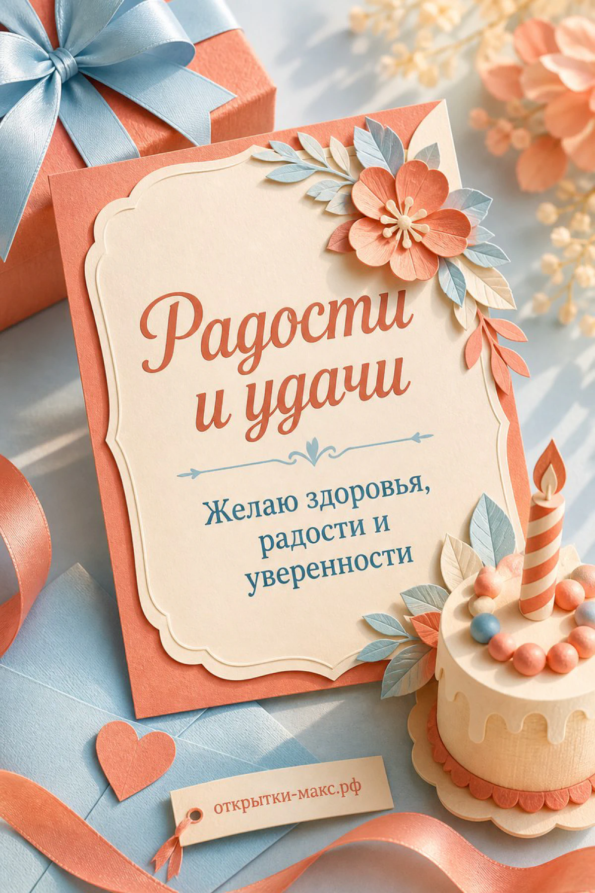 Персиковая открытка с днём рождения женщине: объёмные бумажные цветы, подарочная коробка и торт со свечой