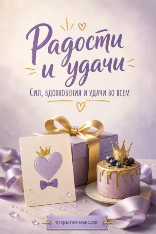 Фиолетовая открытка с днём рождения женщине: торт с золотой короной, подарочная коробка с бантом и сиреневая лента