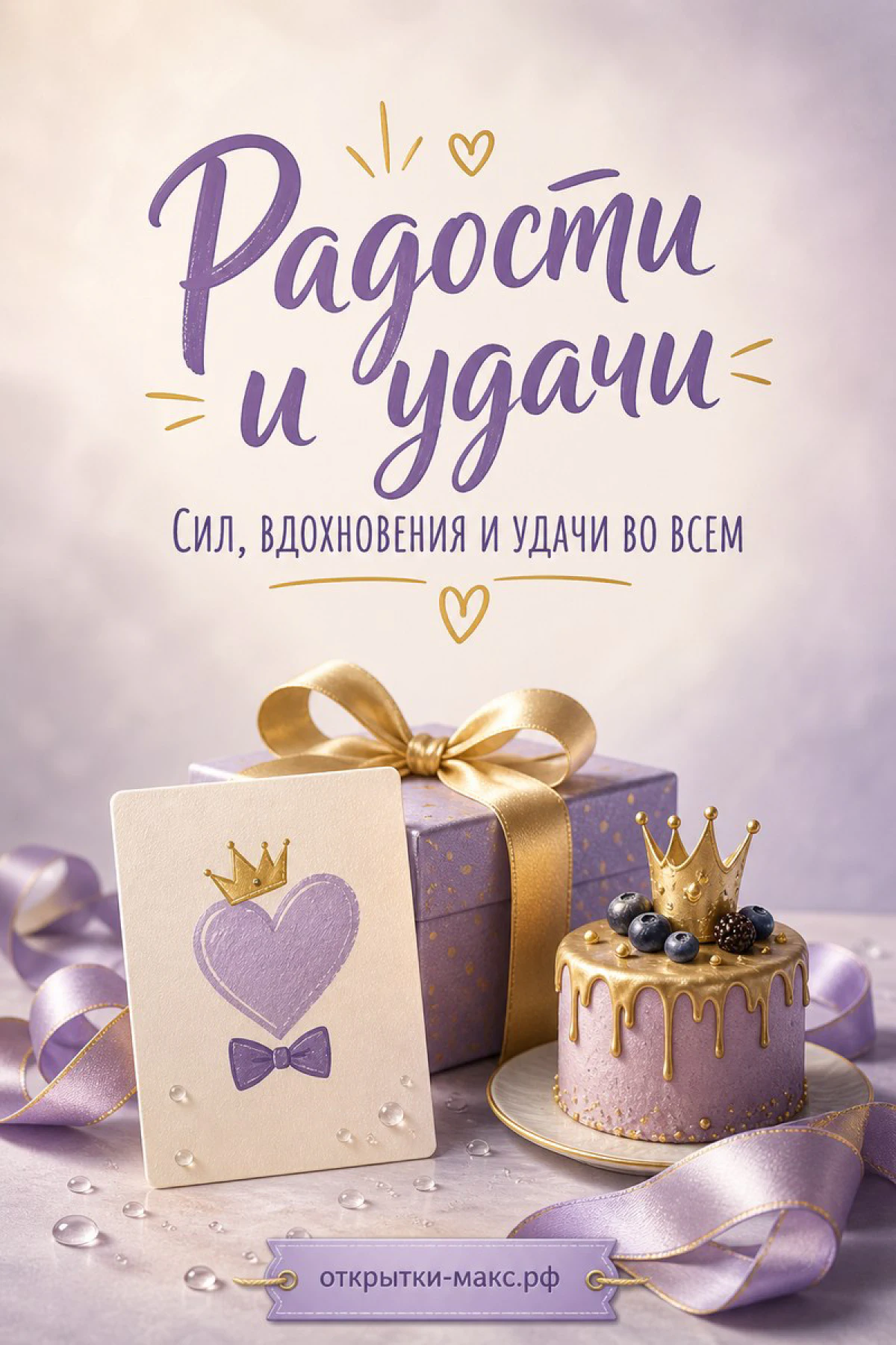 Фиолетовая открытка с днём рождения женщине: торт с золотой короной, подарочная коробка с бантом и сиреневая лента