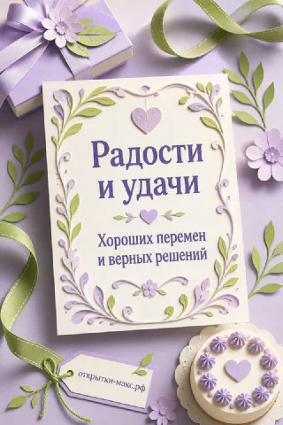 Открытка с днём рождения женщине: бумажный венок с лавандовыми цветами и сердечком, лавандовый торт с сиреневыми розочками