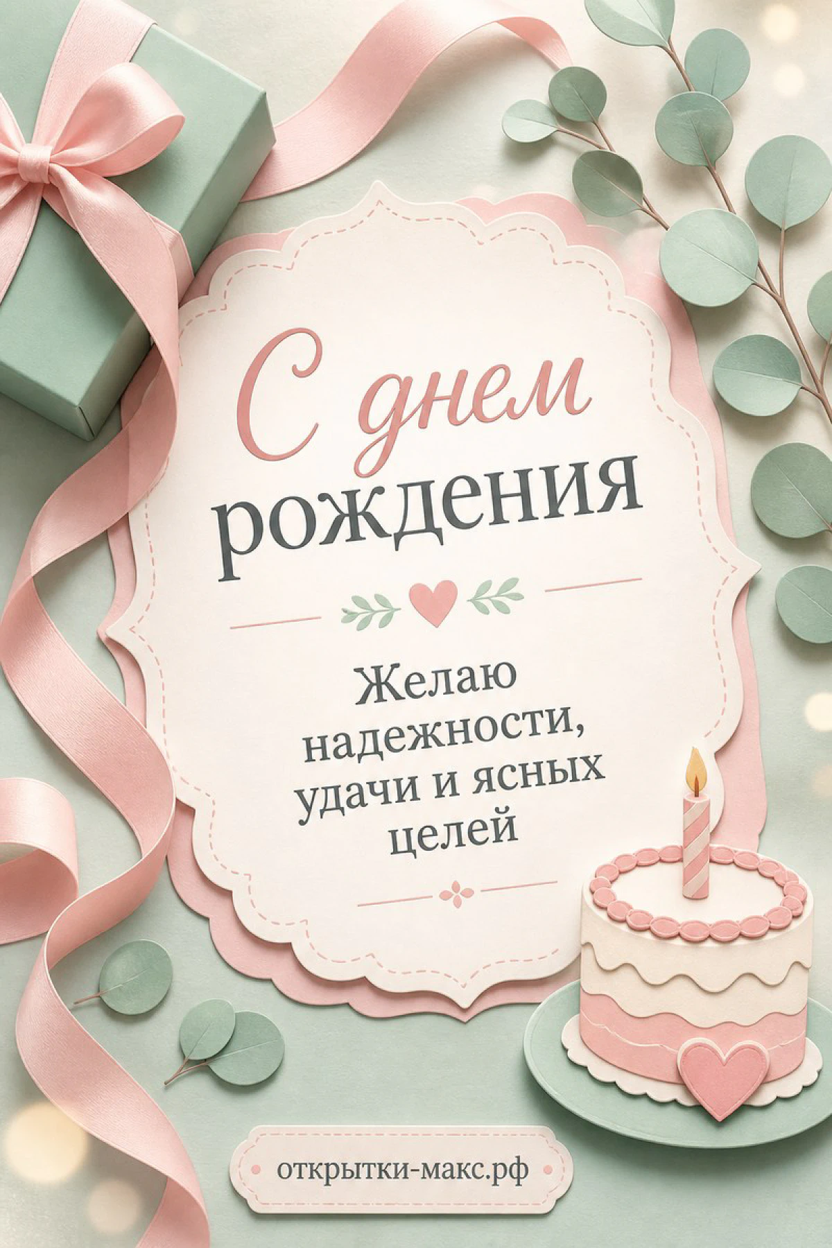 Пастельная открытка с днём рождения женщине: зелёная подарочная коробка с розовой лентой, торт со свечой, ветки эвкалипта и бусины