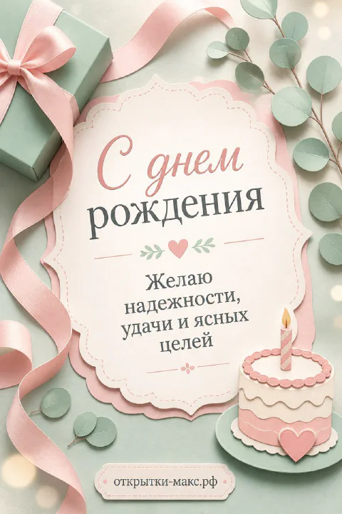Пастельная открытка с днём рождения женщине: зелёная подарочная коробка с розовой лентой, торт со свечой, ветки эвкалипта и бусины