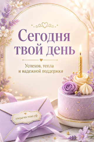 Сиреневая открытка с днём рождения женщине: торт с фиолетовой розой и золотой свечой, конверт с бантом и цветы лаванды