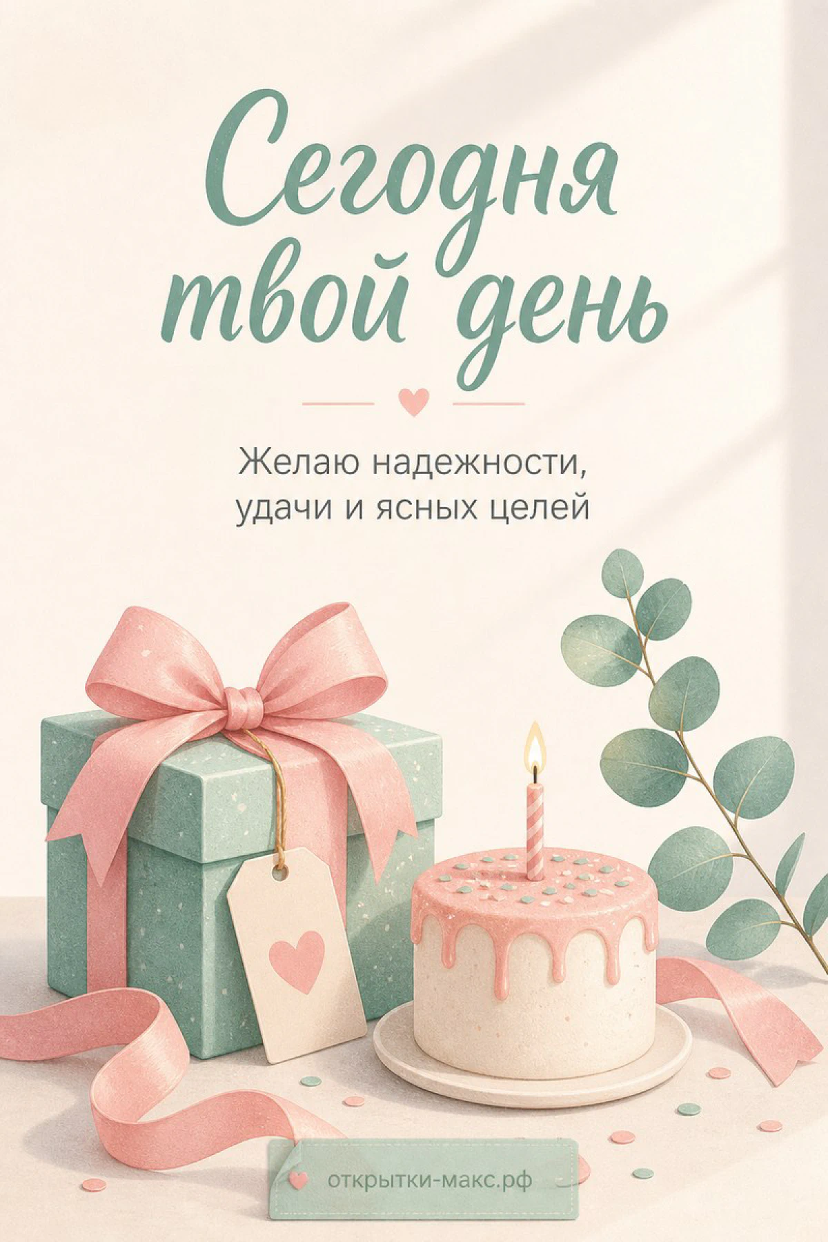 Мятно-розовая открытка с днём рождения женщине: мятная коробка с розовым бантом, торт со свечой и ветки эвкалипта на кремовом фоне