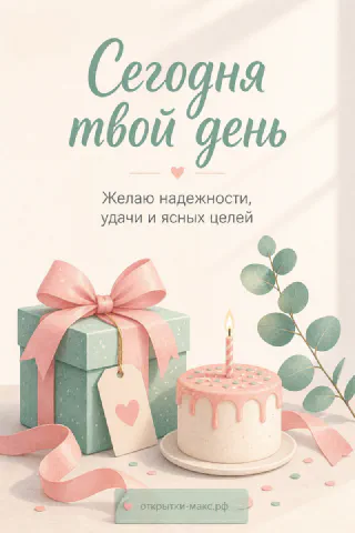 Мятно-розовая открытка с днём рождения женщине: мятная коробка с розовым бантом, торт со свечой и ветки эвкалипта на кремовом фоне