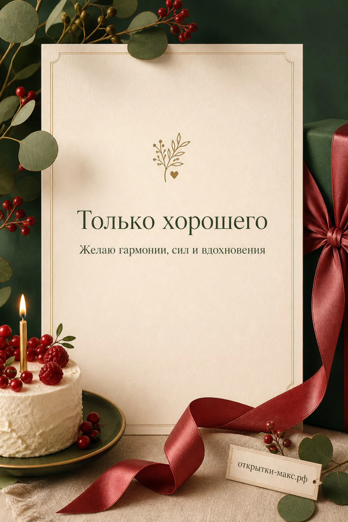 Элегантная открытка с днём рождения женщине: торт с ягодами и свечой, красная атласная лента и ветки эвкалипта на тёмно-зелёном фоне