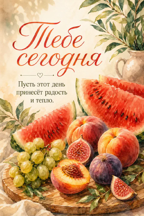 Акварельный натюрморт с дольками арбуза, персиками, инжиром и виноградом на деревянном подносе