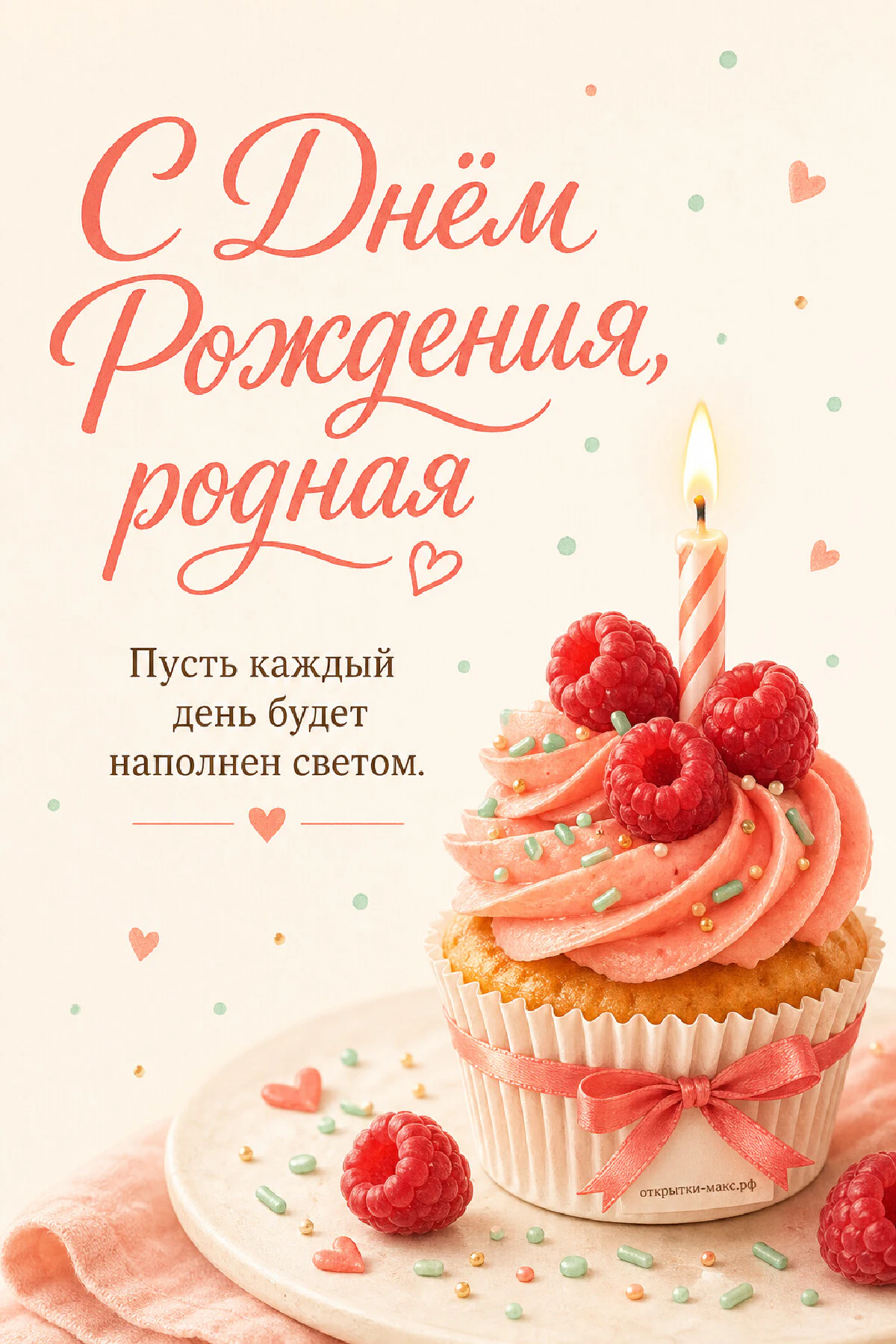 Розовый кекс с кремом, малиной и горящей полосатой свечой на тарелке с розовым бантом и конфетти