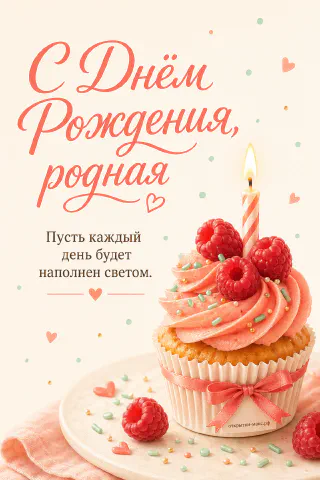 Розовый кекс с кремом, малиной и горящей полосатой свечой на тарелке с розовым бантом и конфетти