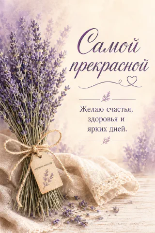 Пучок сушёной лаванды, перевязанный джутовой верёвкой с крафтовой биркой, на льняной ткани с лавандой на фоне