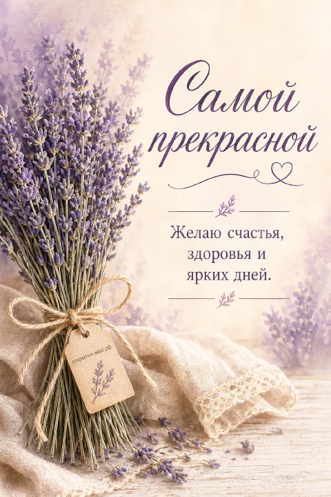 Пучок сушёной лаванды, перевязанный джутовой верёвкой с крафтовой биркой, на льняной ткани с лавандой на фоне