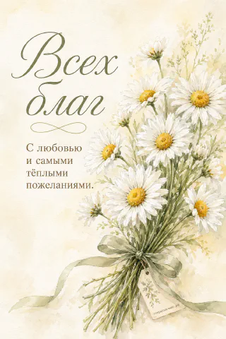 Акварельный букет крупных белых ромашек с жёлтыми сердцевинами и тонкими стеблями, перевязанный зелёным бантом