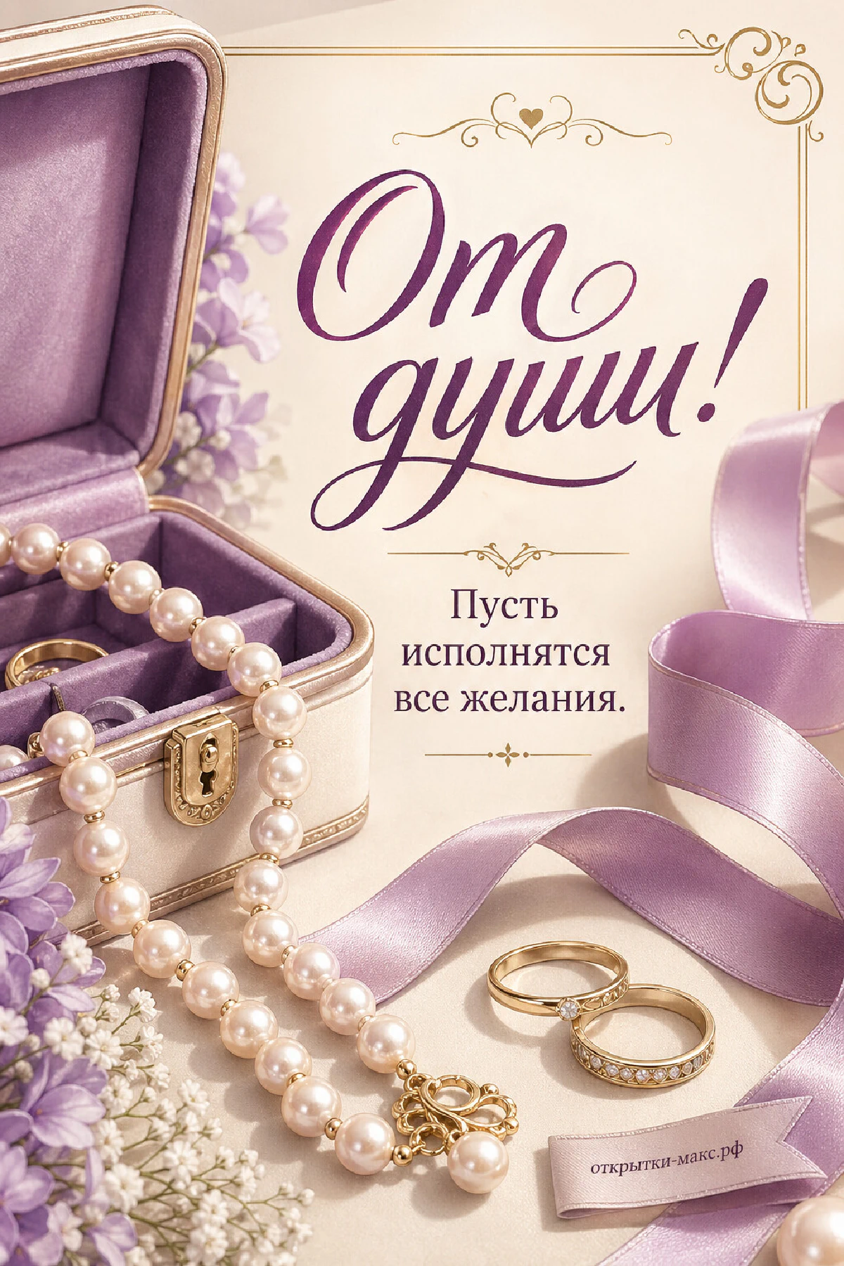 Белая шкатулка с жемчужным ожерельем, два золотых кольца и лиловая атласная лента на кремовом фоне с цветами