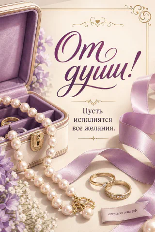 Белая шкатулка с жемчужным ожерельем, два золотых кольца и лиловая атласная лента на кремовом фоне с цветами