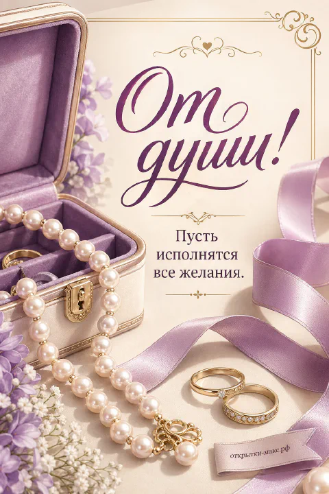 Белая шкатулка с жемчужным ожерельем, два золотых кольца и лиловая атласная лента на кремовом фоне с цветами