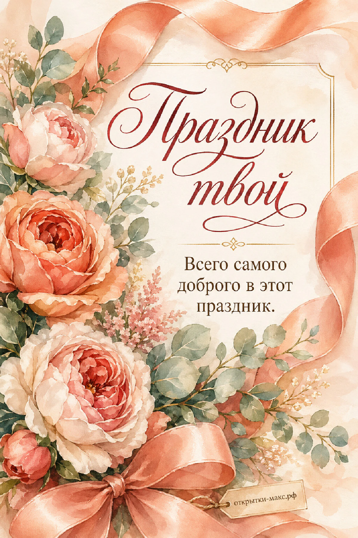 Акварельные крупные персиковые и кремовые розы с ветками эвкалипта и шёлковой персиковой лентой в декоративной рамке