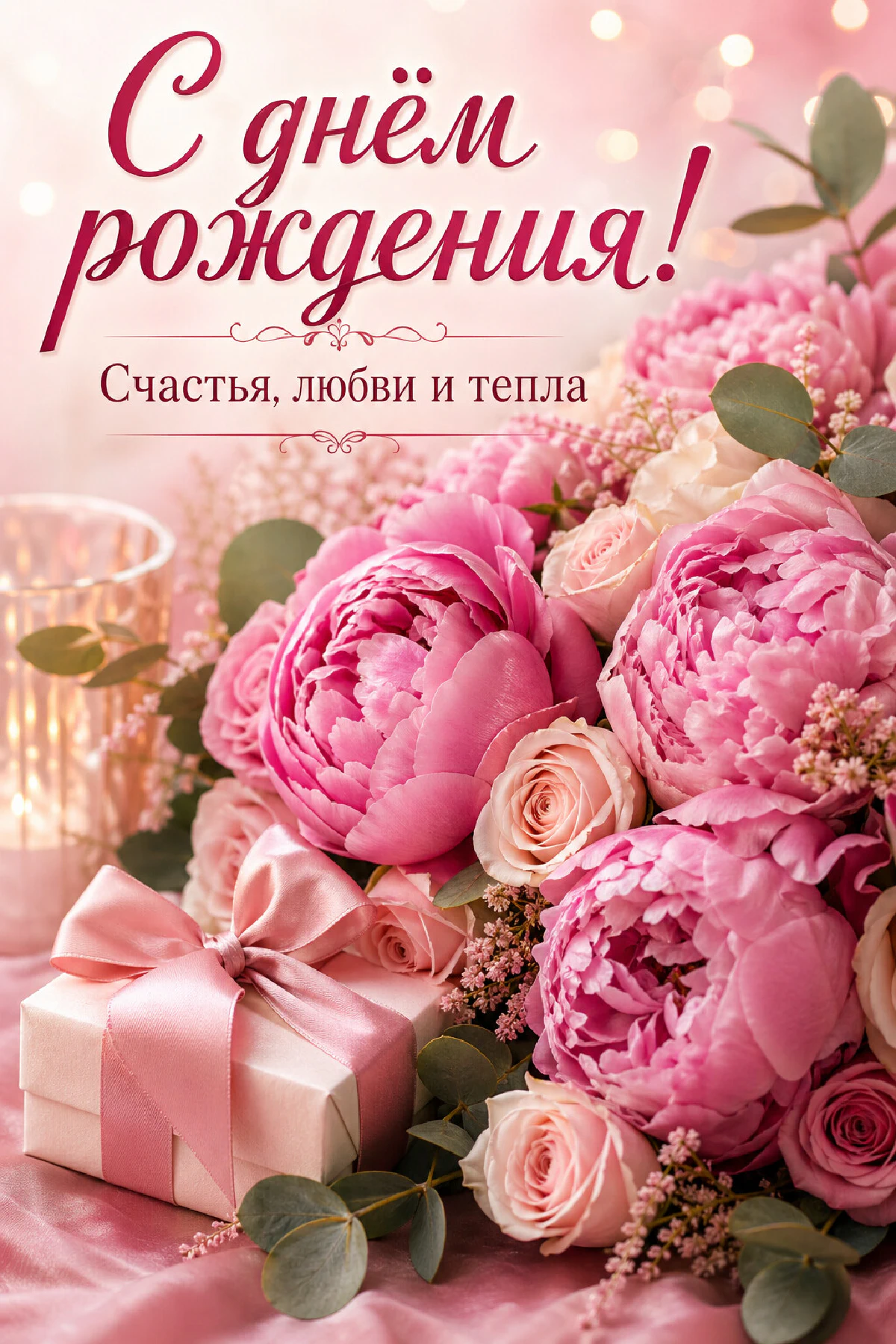 Пышный букет ярко-розовых пионов и кремовых роз с белой подарочной коробкой с розовым бантом на розовом фоне