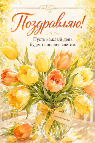 Акварельный букет жёлтых и оранжевых тюльпанов в круглой стеклянной вазе с золотым бантом на фоне весенней зелени