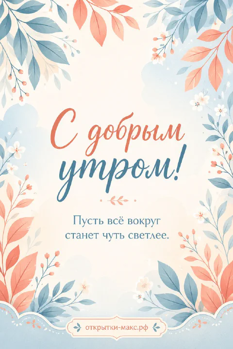 Акварельный венок из коралловых и голубых листьев и веточек с надписью «С добрым утром» в центре