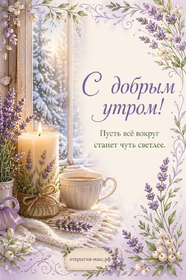 Акварельный венок из коралловых и голубых листьев и веточек с надписью «С добрым утром» в центре — вариант 3