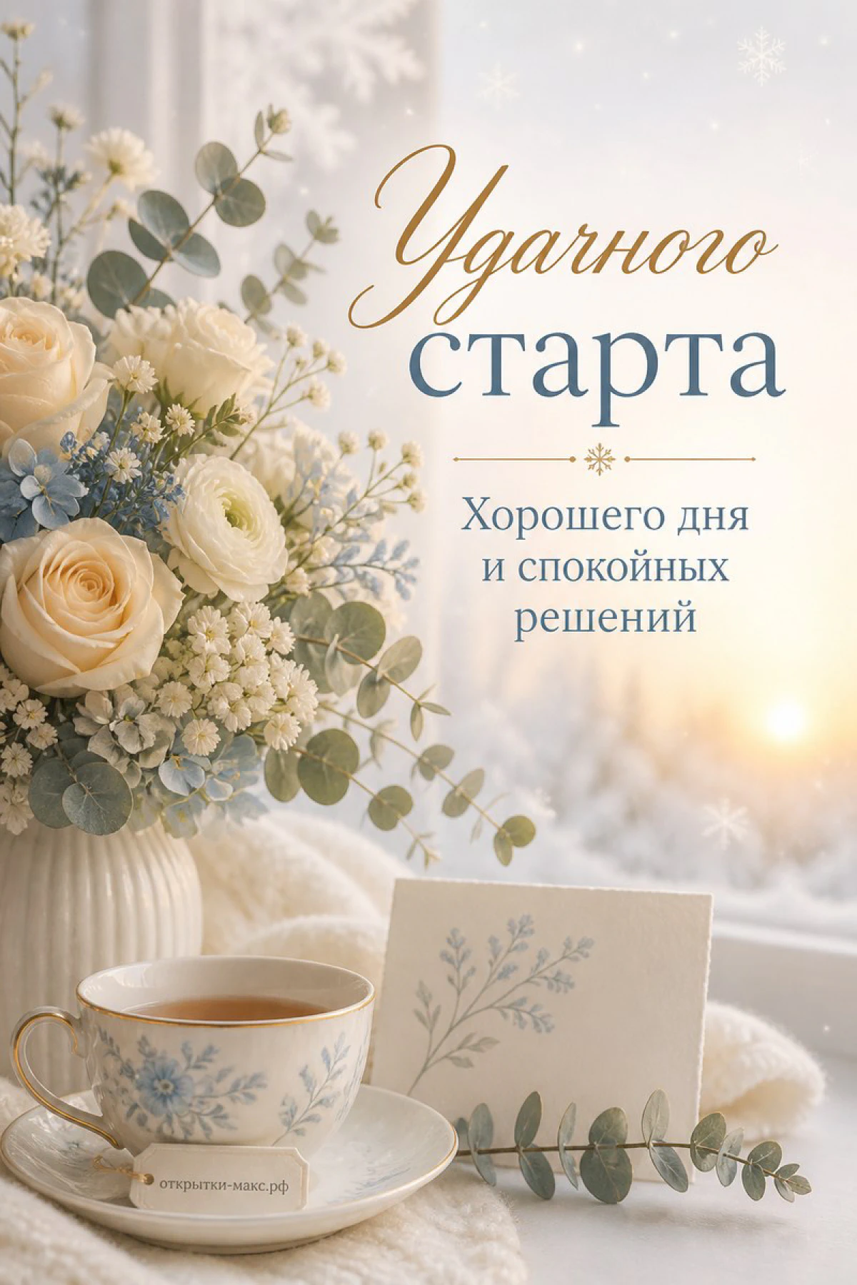 Белые розы с эвкалиптом в вазе и чашка чая на снежно-белом фоне