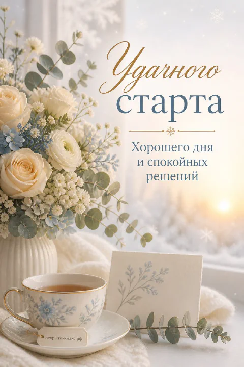 Белые розы с эвкалиптом в вазе и чашка чая на снежно-белом фоне