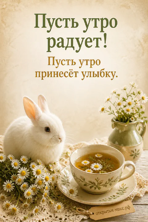 Белый крольчонок, букет ромашек и чашка ромашкового чая на кружевной салфетке с надписью «Пусть утро радует»