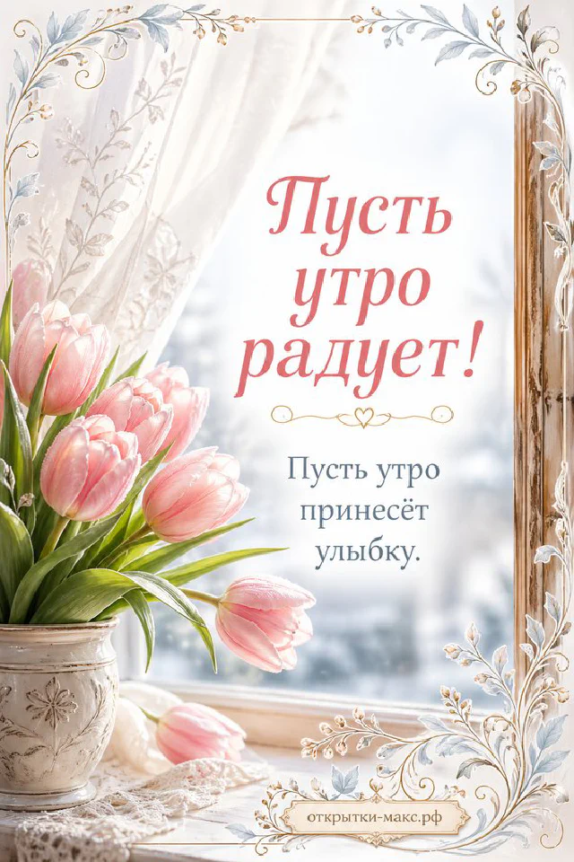 Белый крольчонок, букет ромашек и чашка ромашкового чая на кружевной салфетке с надписью «Пусть утро радует» — вариант 2