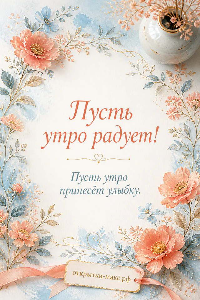 Белый крольчонок, букет ромашек и чашка ромашкового чая на кружевной салфетке с надписью «Пусть утро радует» — вариант 4