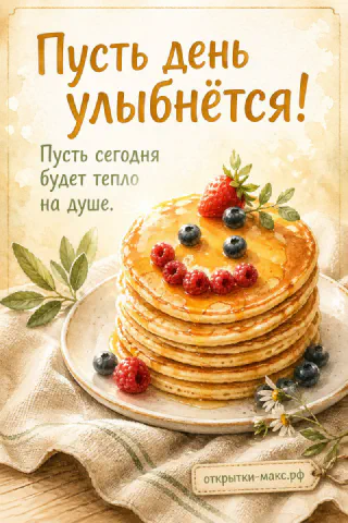 Стопка золотистых блинов с малиной, черникой и ромашками, надпись «Пусть день улыбнётся»